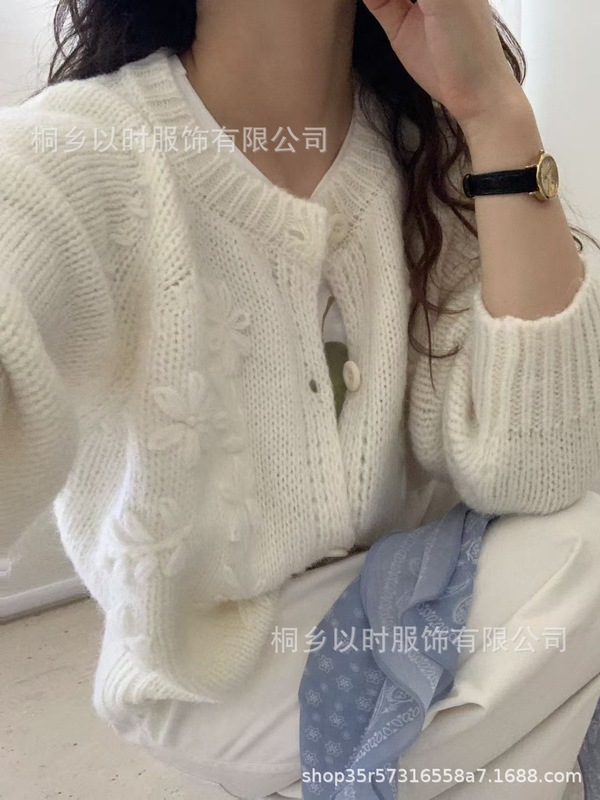 以时 秋冬戏弄韩系重工绣花针织开衫女 圆领花朵刺绣毛衣外套女|undefined