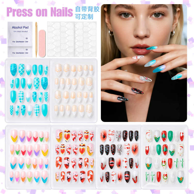 Cross-Border Foreign Trade Almond Mermaid Halloween Christmas Wearable Nails Nail Accessories Finished Products Easy to Wear