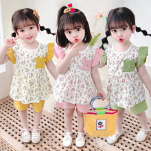 包邮Yikids小童夏装可爱女宝宝碎花飞袖裙短袖短裤套装甜美女童装
