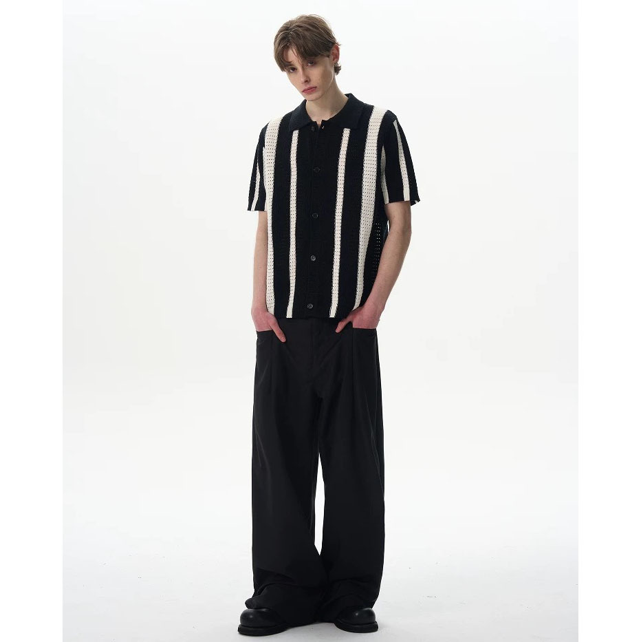POLO camisa solapa suéter de manga corta hombres rayas huecas negocios británicos slim fit hielo seda verano comercio exterior transfronterizo al por mayor