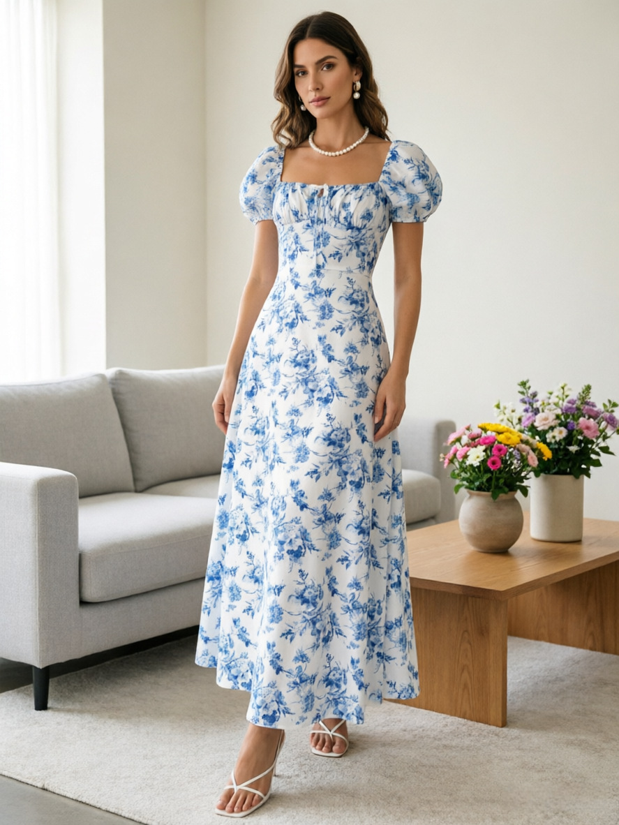 Women's Floral Print Short Sleeve Bodycon Flared Maxi Dress – Slim Fit Casual Summer Gown_ecoleips.com