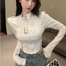 设计感小众辣妹金属卡扣长袖上衣立领拉链修身显瘦T恤5623