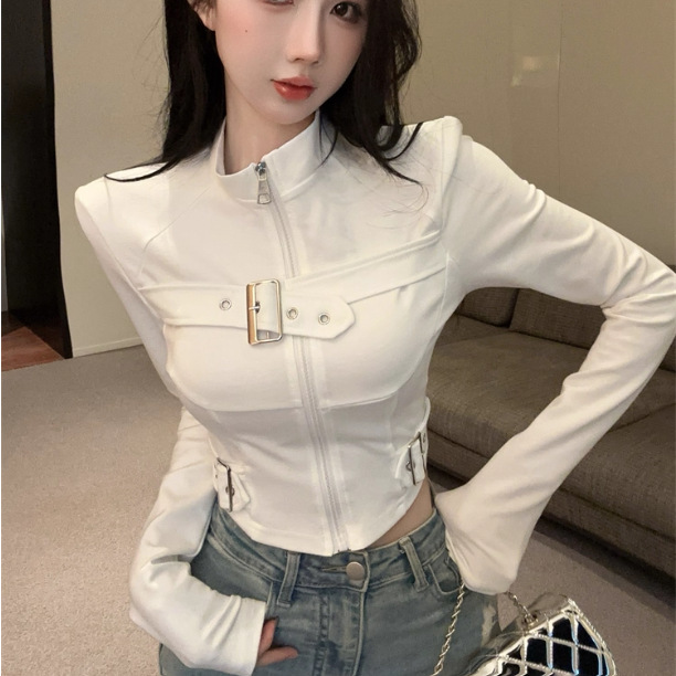 Design-Inspired Niche Spicy Girl Metal Buckle Long-Sleeve Top with Stand Collar and Zipper, Slim-Fit T-Shirt 5623