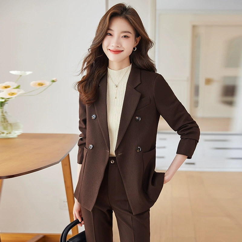 Classic women's demi-season suit set — blazer and trousers, brown, sizes S–4XL