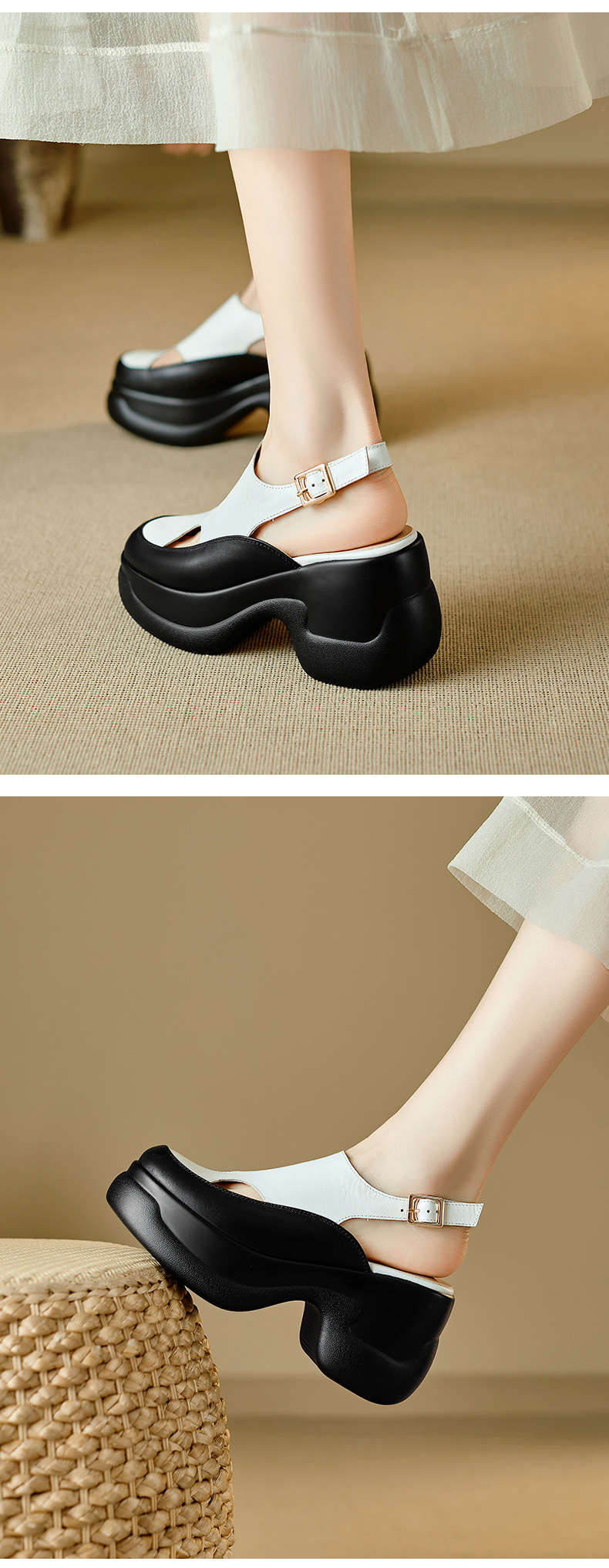 Sandal nữ cao gót đế xuồng platform mũi kín phong cách La Mã, gót 9.5 cm — màu đen, màu trắng chi tiết 8