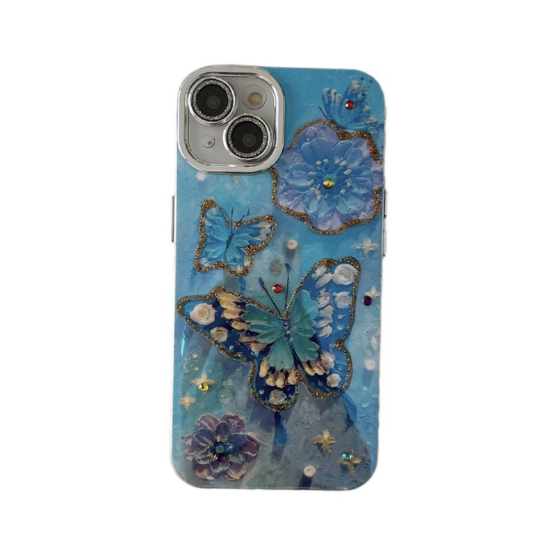 Verano Blu-ray flor mariposa para iPhone 15/16ProMax funda para teléfono móvil Apple 14/13 hembra 16 agujeros finos