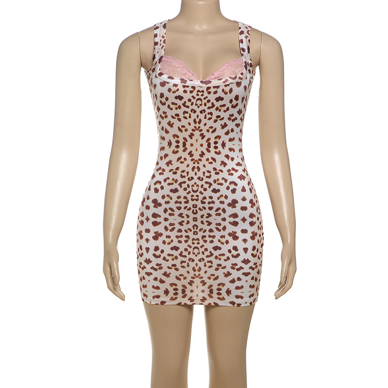 Spring Women Clothing Sexy Leopard Print Lace Stitching Square Collar Sleeveless Dress