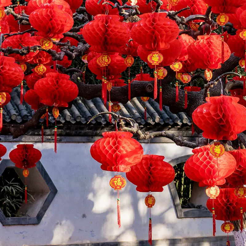 2026年新款马年小灯笼挂饰春节户外绿植大红纸蜂窝球布置新年装饰