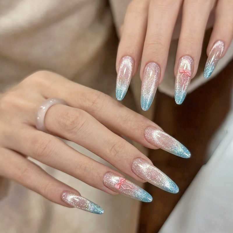Pure Desire Style Ice-Clear Pink-Blue Gradient Wearable Nails with Dazzling Cat Eye Effect, Long Pointed Fake Nails, Removable and Reusable Pure Desire Style Ice-Clear Pink-Blue Gradient Wearable Nails with Dazzling Cat Eye Effect, Long Pointed Fake Nails, Removable and Reusable