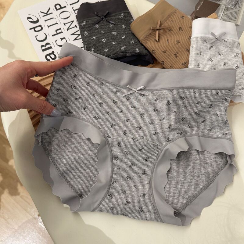 Real Shot Without Filters~ Korean-Style Ins-Style Floral Panties for Women, Mid-Waist Pure Cotton Crotch, Seamless Ribbed Panties for Girls