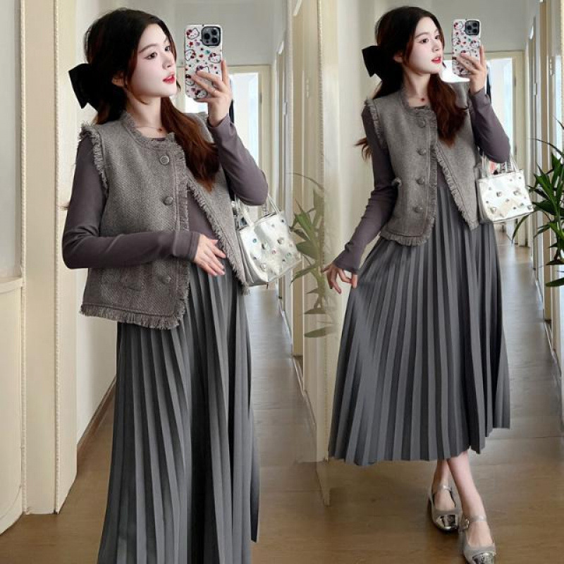2025 신상품 한국산 임부복 가을 겨울 패션 기질 슬림 스몰 향수 스타일 조끼 + 원피스 세트