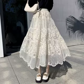刺绣蕾丝半身裙女2026春新款高腰显瘦字裙秋中长款大摆裙仙女裙