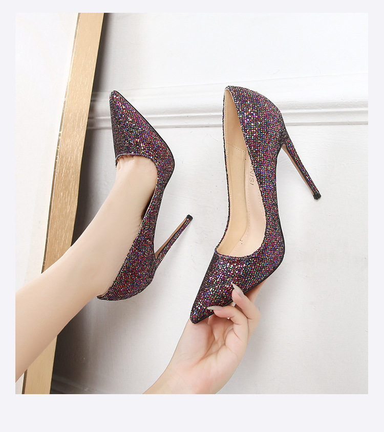Giày cao gót nữ mũi nhọn gót siêu cao phủ sequins lấp lánh phong cách Âu Mỹ — Màu bạc, Màu sắc, Màu vàng, Màu đỏ chi tiết 18