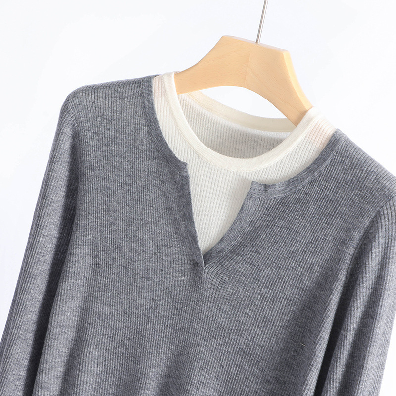 Autumn and Winter Fine Wool Faux Two-Piece Knit Base Sweater for Women, Ultra-Soft Slim-Fit Thin Sweater, Korean Style Trendy