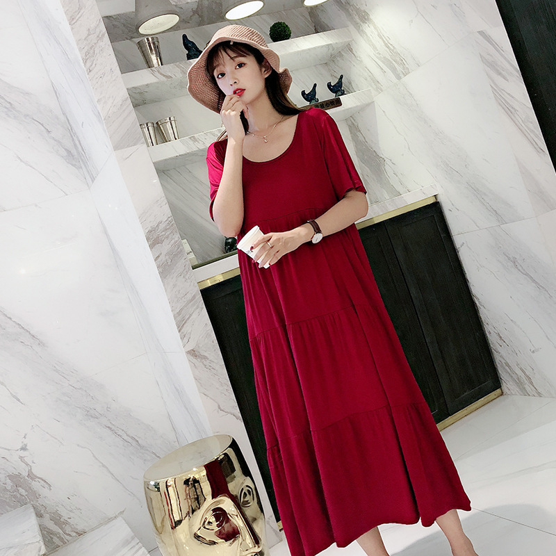Large Size Dress Women's Summer Short-sleeved Thin Nightgown Modal Loose Slimming Long Dress for Chubby Girls Pregnant Women's Home Clothes