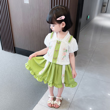 女童夏季中国风裙套装洋气2023新款小女孩宝宝短袖古装绣花套装