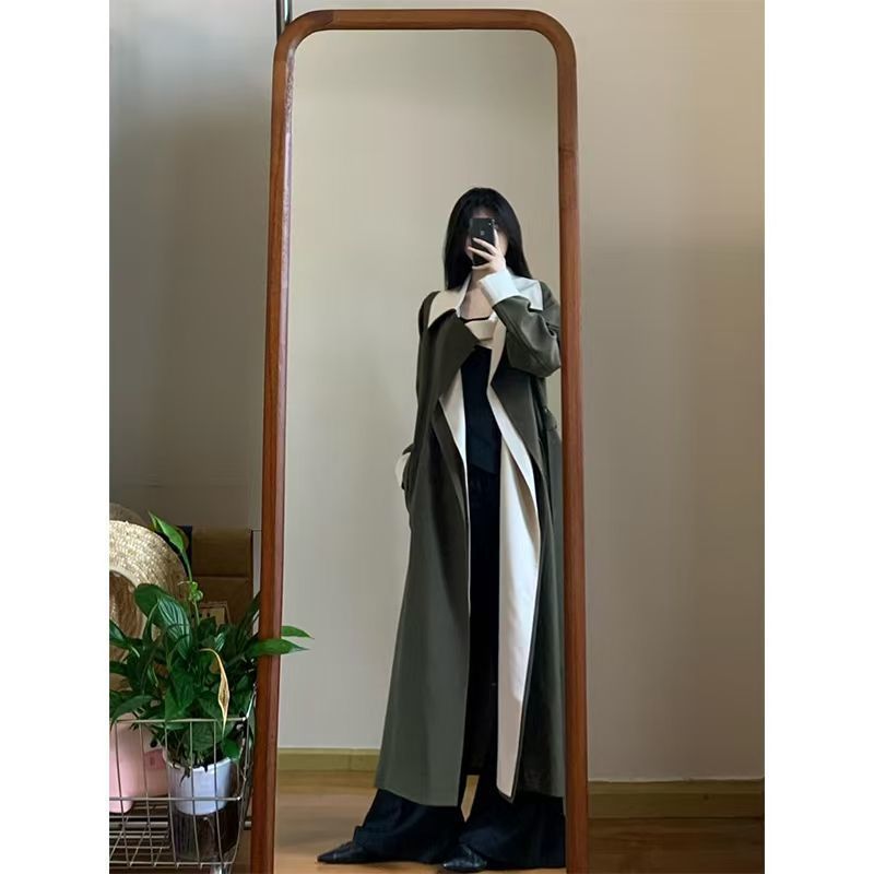 韩系撞色风衣外套女秋季新款设计感小众高级感假两件中长款大衣|undefined