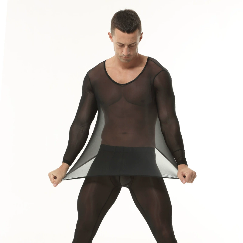 Мужское ультратонкое нижнее белье из ледяного шелка, прозрачный и сексуальный облегающий базовый костюм, прозрачный базовый слой для фитнеса и спорта, европейский и американский.