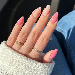 穿戴甲短款粉紅色小花顯白美甲成品杏仁狀指甲貼片甲片批發可拆卸