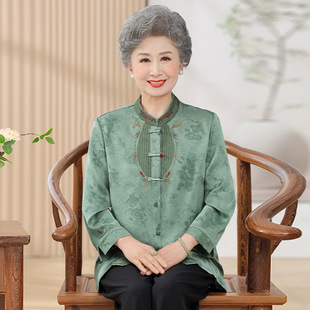 Temperament Guofeng Old People's Top Summer Wear Thin Short-sleeved Shirt Female Granny Old Lady Silk-like Mid-sleeved T-shirt