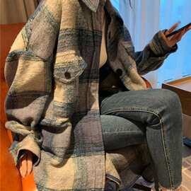 法式2023秋冬新大码装宽松双口袋格磨毛纹外套廓形格子长款女