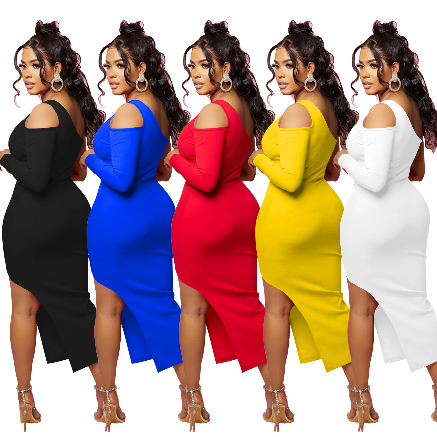 X6286 AliExpress Amazon moda europea y americana ropa de mujer color sólido oblicuo hombro malla solo vestido manga larga mujeres