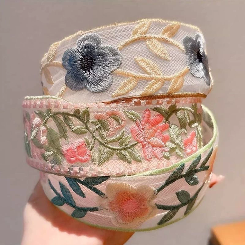 Новая кружевная повязка на голову в китайском стиле с вышивкой роз, этнический нишевый дизайн, повязка на голову с широкими полями, универсальный головной убор с высокой короной