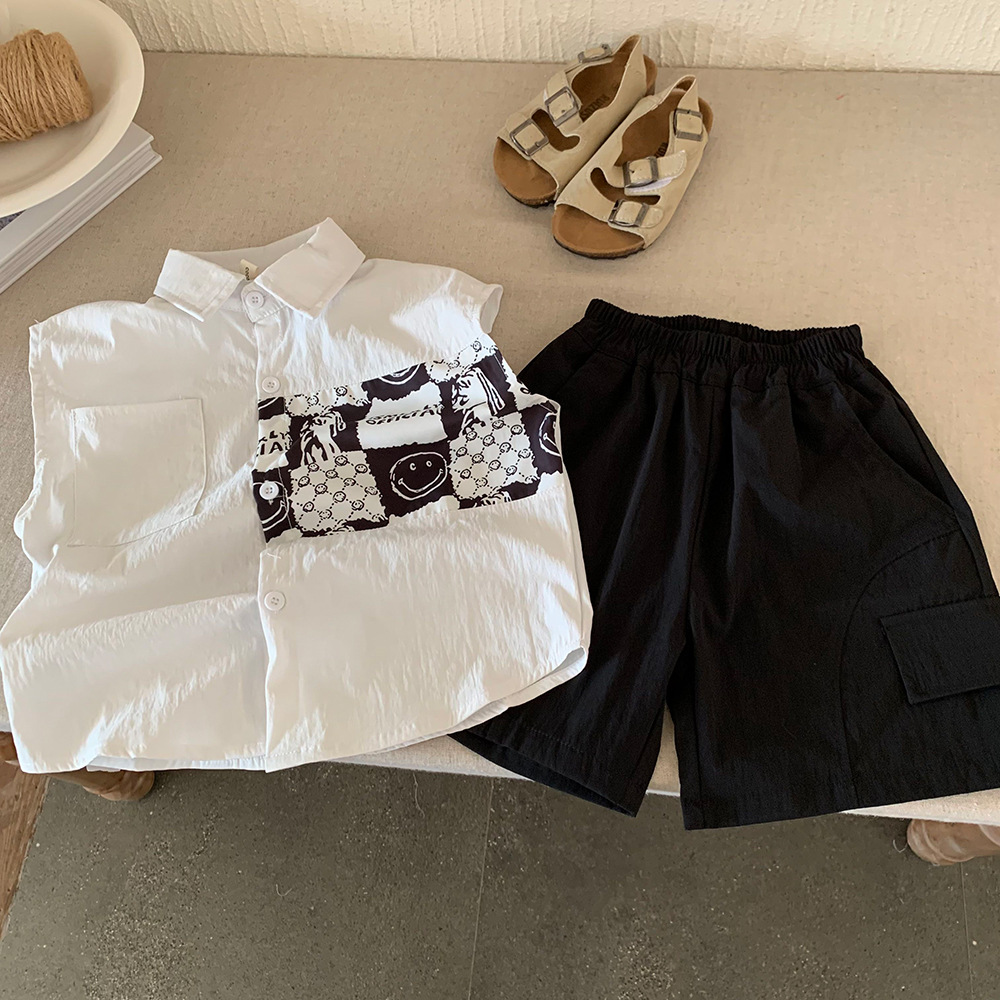 Boys' Summer Short-sleeved Shirt suit New Style Middle-large Children's Fried Street Short-sleeved suit Thin Girls' Fashionable Summer Fashion
