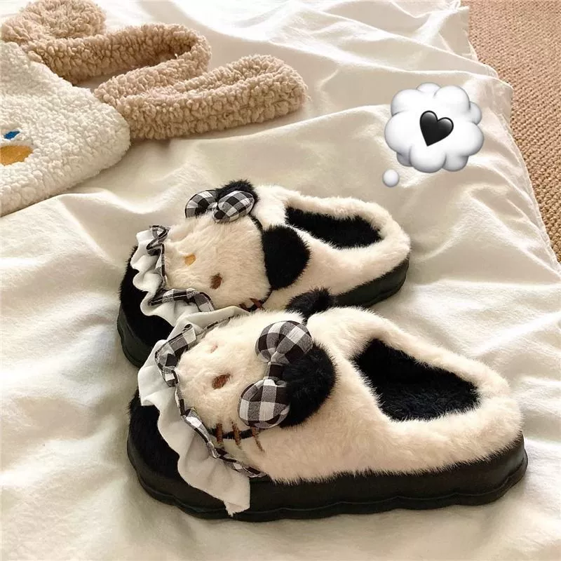 Hello Kitty, мультяшные тапочки, зимняя нескользящая теплая обувь на платформе