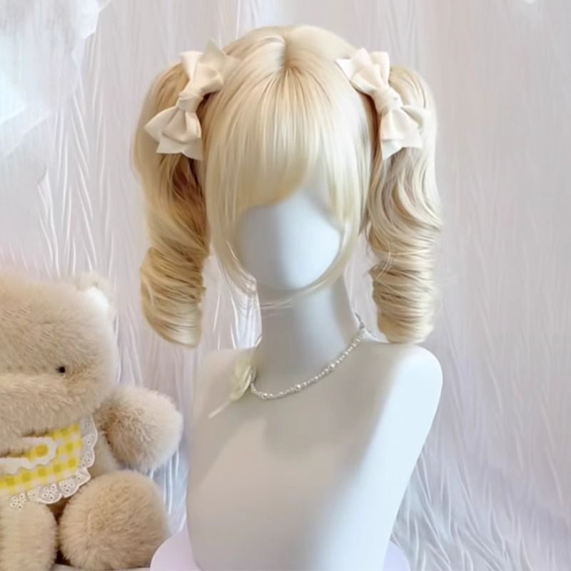Xuchang ウィッグ ロリータウィッグ ロロ ダブルポニーテール ロングカーリーヘア ローマンカーリー ライトブロンドウィッグ 女性用フルヘッドギア|undefined