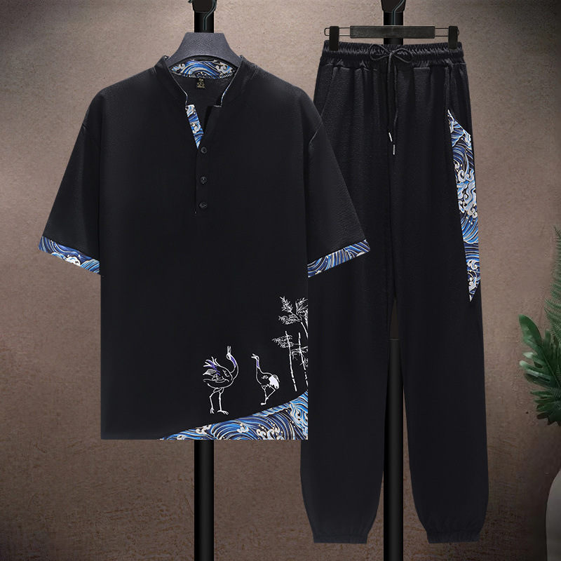 Men's Clothing Ice silk suit men's summer thin Tang suit short sleeve casual large size style men's loose Hanfu suit_voghion.com