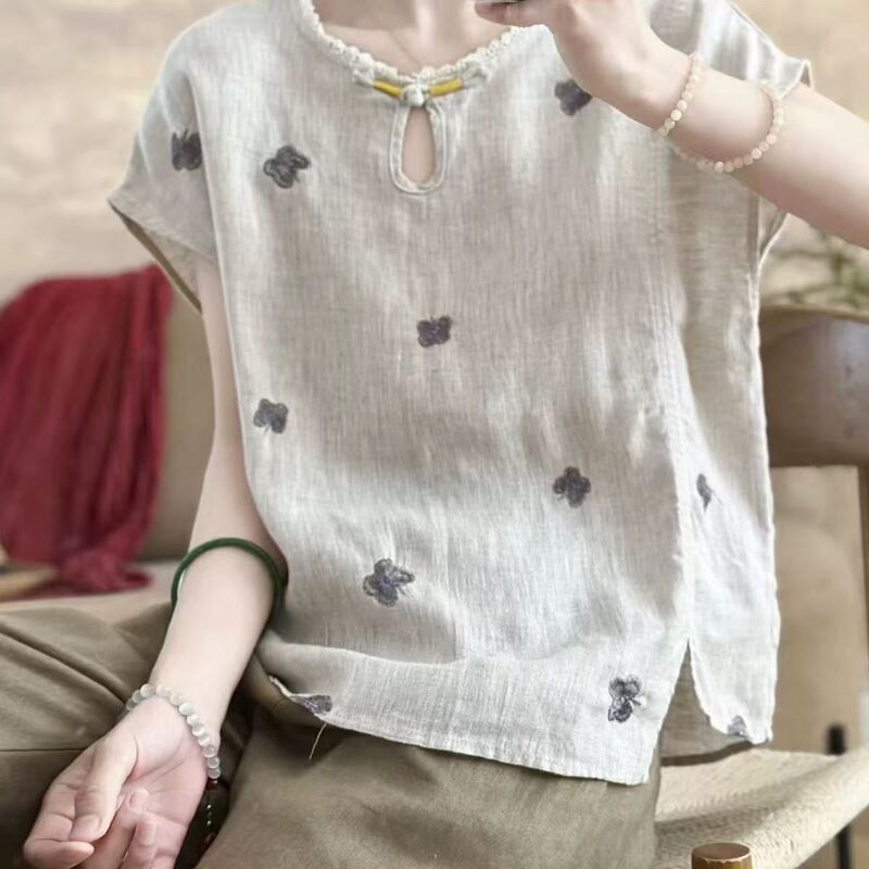 New Chinese-Style Embroidered Cotton and Linen Round-Neck Embroidered Short-Sleeve T-Shirt for Women, Summer Vintage Buttoned Versatile Pullover Top New Chinese-Style Embroidered Cotton and Linen Round-Neck Embroidered Short-Sleeve T-Shirt for Women, Summer Vintage Buttoned Versatile Pullover Top