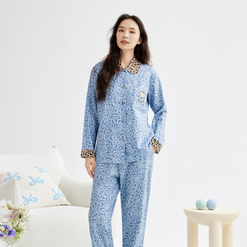 纯棉猫爪印梭织磨毛睡衣女秋冬季保暖家居服女士秋季居家睡衣套装|undefined