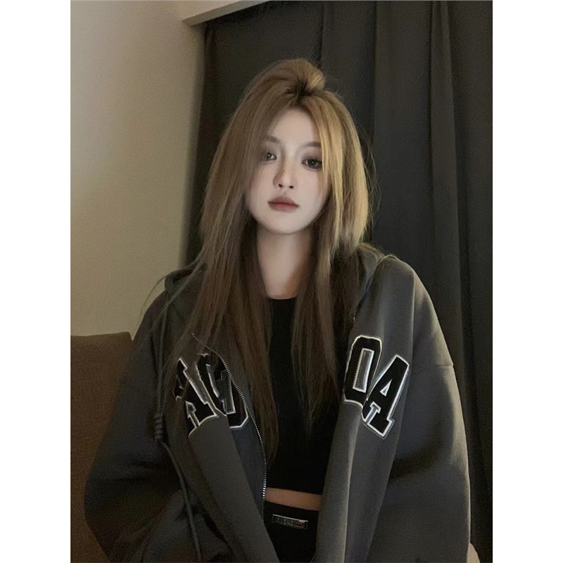 American retro style women's sweatshirt, new spring and autumn style, long-sleeved cardigan, oversized loose coat, men's winter fleece-lined and thickened.