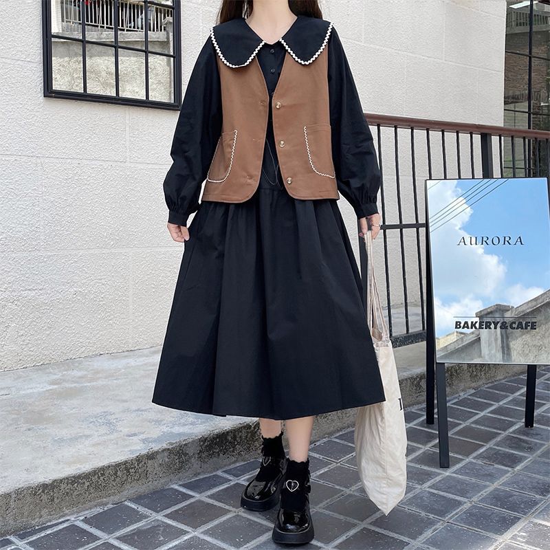 学院风娃娃领连衣裙套装春秋少女初中高中学生甜美马甲外套两件套|undefined