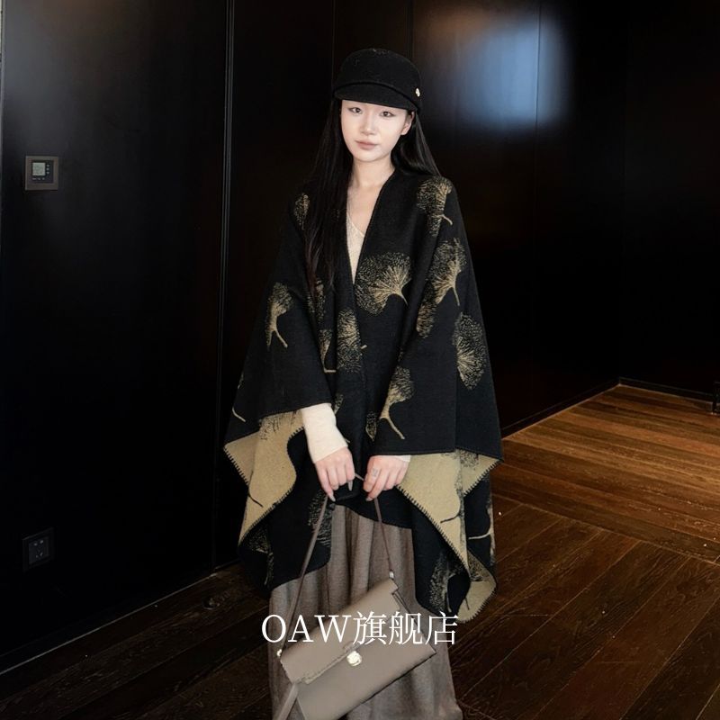Black Ginkgo Leaf Double-Sided Shawl for Women, New Autumn Versatile Atmospheric Photo Cape for Travel and Outdoor Wear