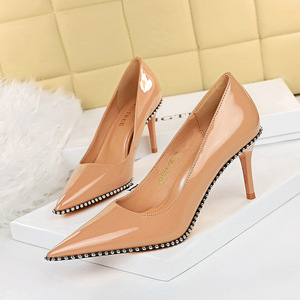 9611-A2 euramerican fashion sexy women's shoes with patent leather high heel lighter pointed rivet sheet metal beads s