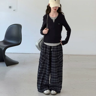 秋季女童套装新品童装儿童女孩条纹T恤上衣休闲格子工装裤两件套