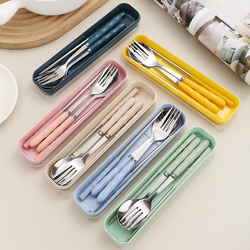 Wheat Straw Stainless Steel Portable Tableware Set: Chopsticks, Spoon, Fork, Three-Piece Set for Students and Adults, Travel, Canteen Storage