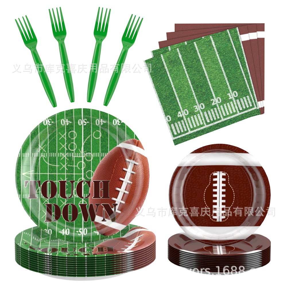 Nueva bandeja de papel de fiesta con tema de fútbol americano, taza de papel, mantel, juego de vajilla, decoración de fiesta de Super Bowl