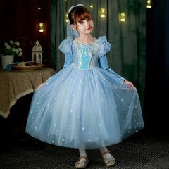 韓國絨愛莎公主裙兒童秋冬季加絨連衣裙春秋女童發光艾莎蓬蓬裙子