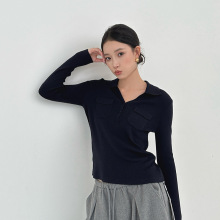 ELSISSI慵懒风口袋修身长袖针织衫女2025秋季女装新款高级感上衣