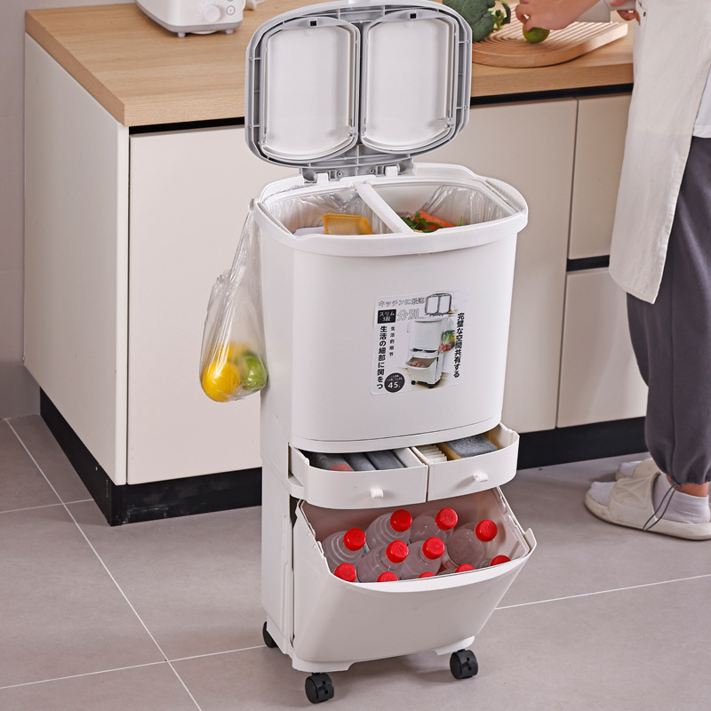 Upgraded Household Kitchen Sorting Trash Bin Kitchen Waste Wet and Dry Separation Multi-layer Press Double Cover Double Drawer Wheels