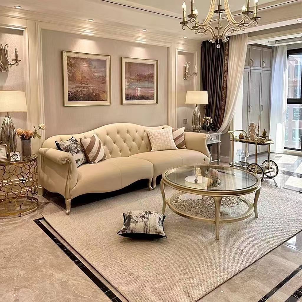 American-Style Light Luxury Solid Wood Fabric Sofa, Modern Cream Style, Simple French Living Room Sofa, Straight Row Pull Button Combination