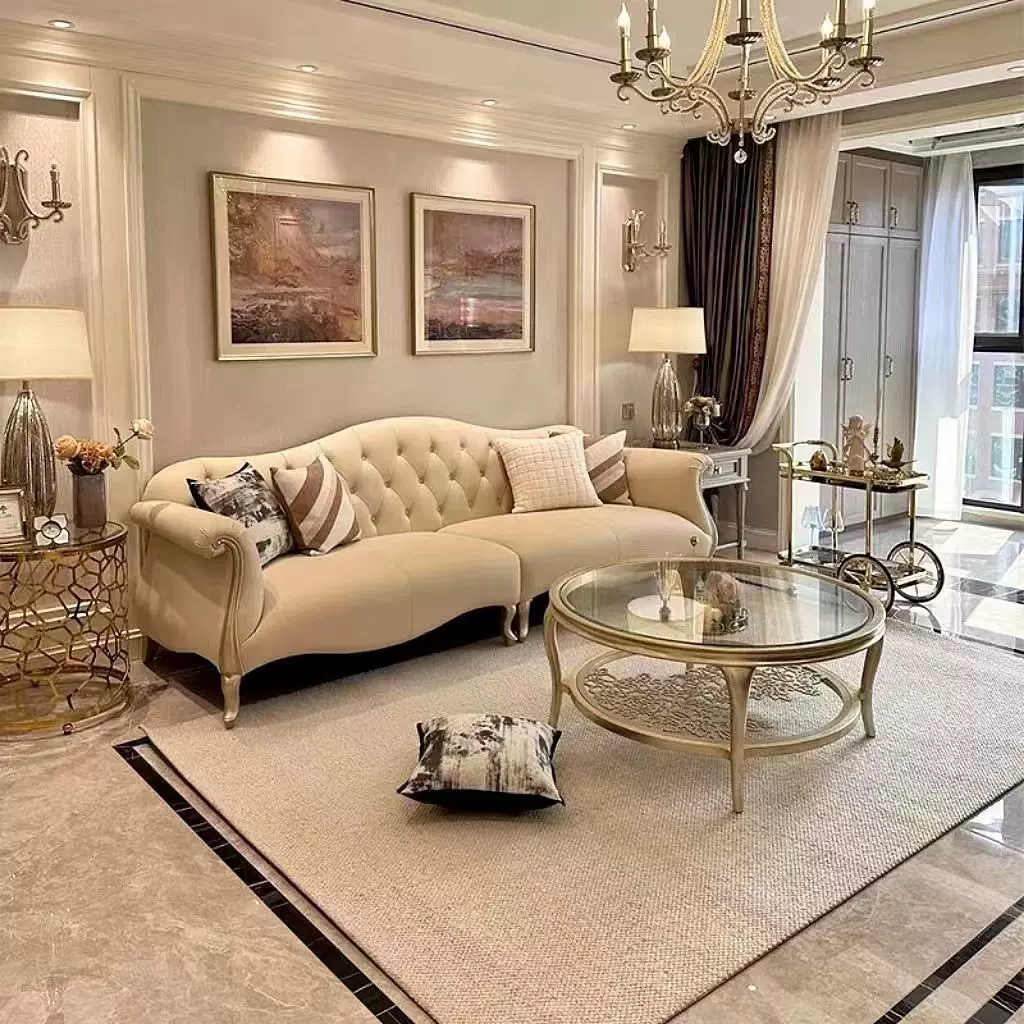 美式轻奢实木布艺沙发现代奶油风简约法式客厅沙发直排拉扣组合