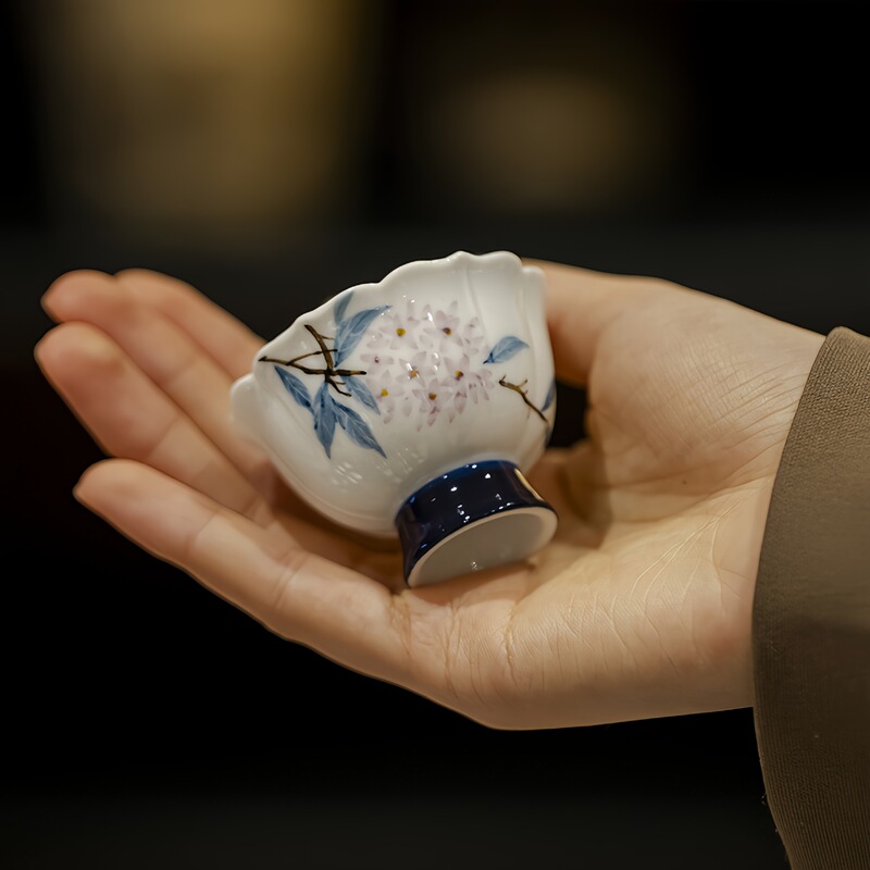 Yin Chuantang Jade Mud White Porcelain Hand-Painted Round Flower High-Footed Flower Mouth Tea Cup Kung Fu Tea Set Household Ceramic Tea Cup Single Cup