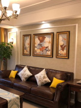 纯手绘油画美式客厅装饰画沙发背景墙三联壁画新中式轻奢餐厅挂画