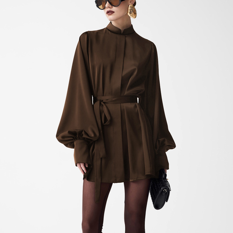 2026 French-Style High-End Satin Short Dress for Women, New Spring and Autumn Collection, Small Stand Collar, Long Sleeves, Tie-Waist Dress 2026 French-Style High-End Satin Short Dress for Women, New Spring and Autumn Collection, Small Stand Collar, Long Sleeves, Tie-Waist Dress