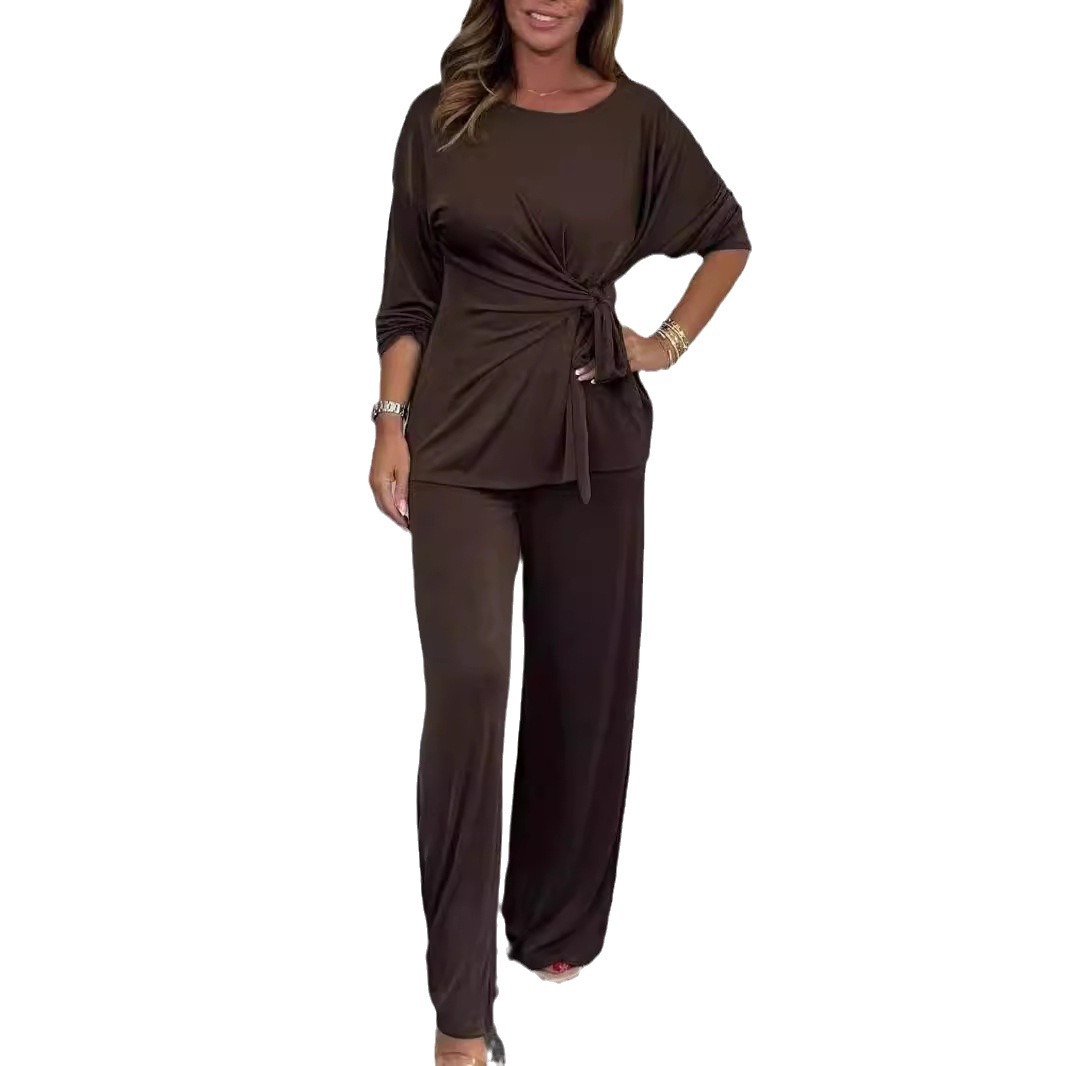 Women's Clothing 2024 autumn women's clothing solid color casual fashion lace up long sleeved tops and trousers suits_voghion.com