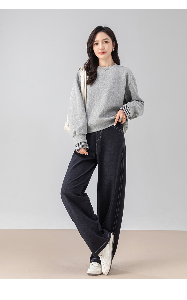 Quần culottes nữ ống rộng dáng chuối giả denim dệt kim mùa thu — Màu xanh lam đậm chi tiết 22
